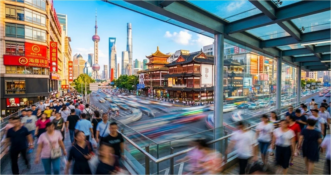 Busy pedestrian crossing with a modern Asian city skyline behind